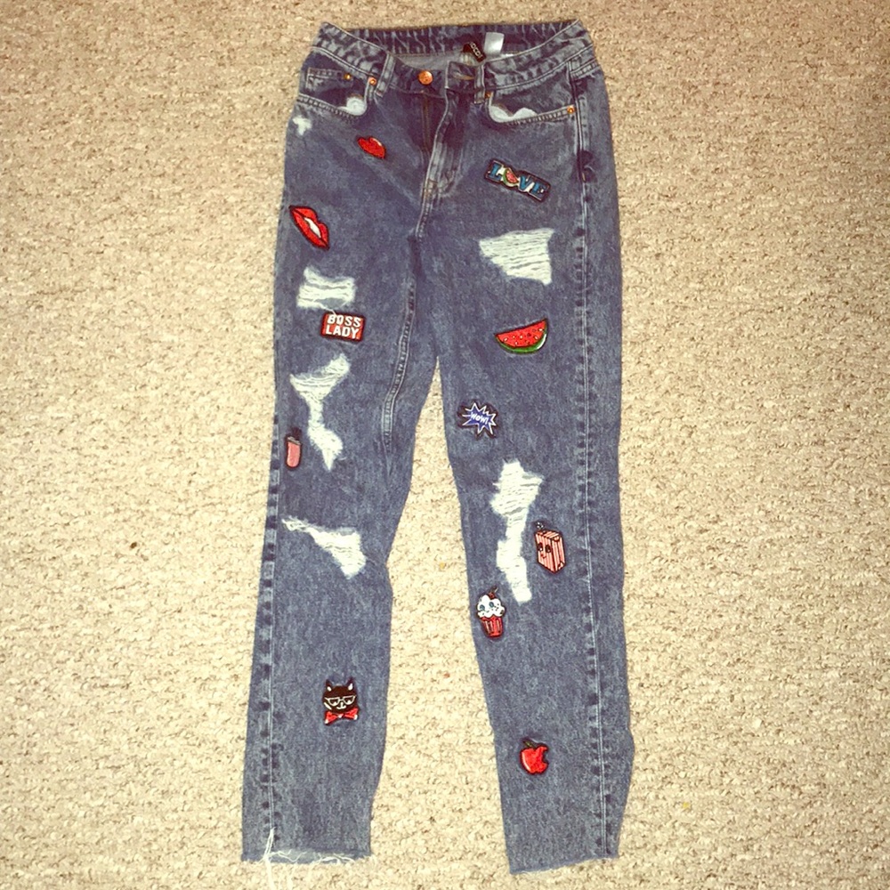trendy ripped skinny/bf jeans. super cute patches.